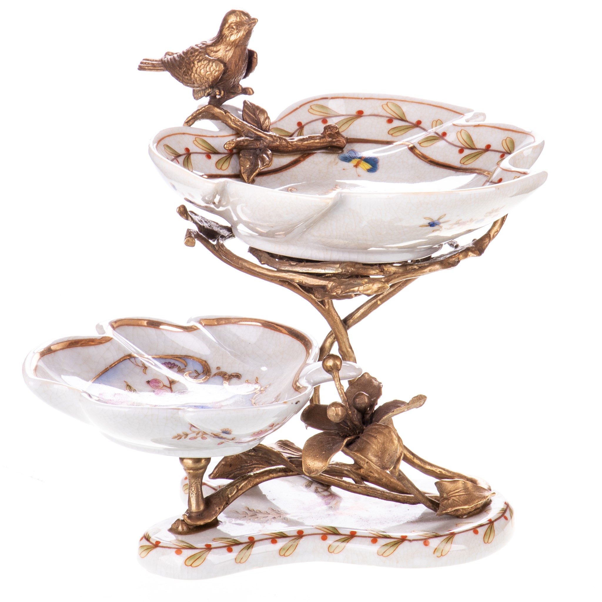 Porcelán-bronz etagère, madárral, liliommal képe