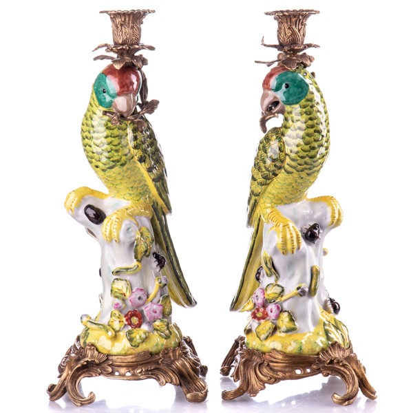 Porcelán-bronz gyertyatartó szett papagályokkal képe