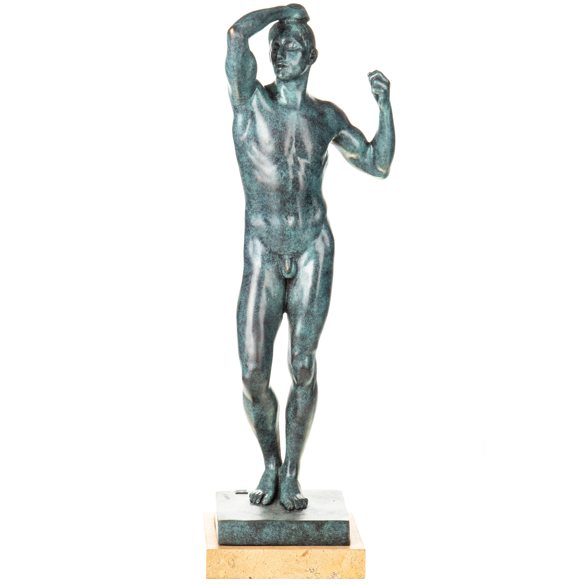 Erotikus férfi akt -  bronz szobor márványtalpon, patinával